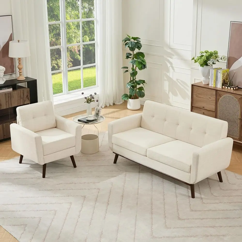 Modern Living Room Furniture Set: Loveseat & Accent Chair, Beige Button-Tufted Upholstery
Modern Living Room Furniture Set: Loveseat & Accent Chair, Beige Button-Tufted Upholstery