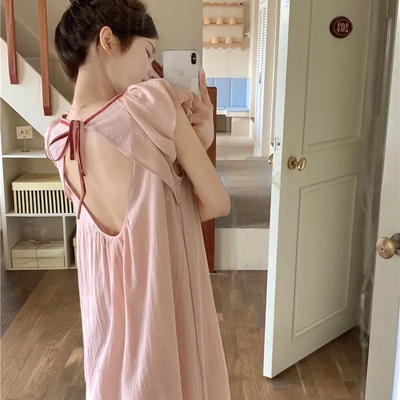 Han Sweet Vacation Style Loose and Breathable, Be Careful, Backless Lace-up Contrasting Color, Outside Pajamas, Dresses
Han Sweet Vacation Style Loose and Breathable, Be Careful, Backless Lace-up Contrasting Color, Outside Pajamas, Dresses
