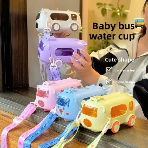 Bottiglia d'acqua con orsetto carino per bambini – Tazza da 500 ml a forma di autobus con tracolla e cannuccia
