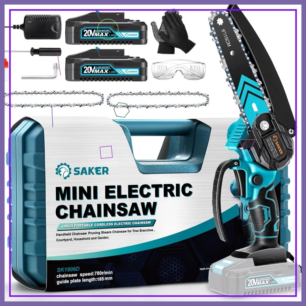 6 Inch Cordless Mini Chainsaw, Portable Electric Handheld for Tree Branches, Garden and Household Use