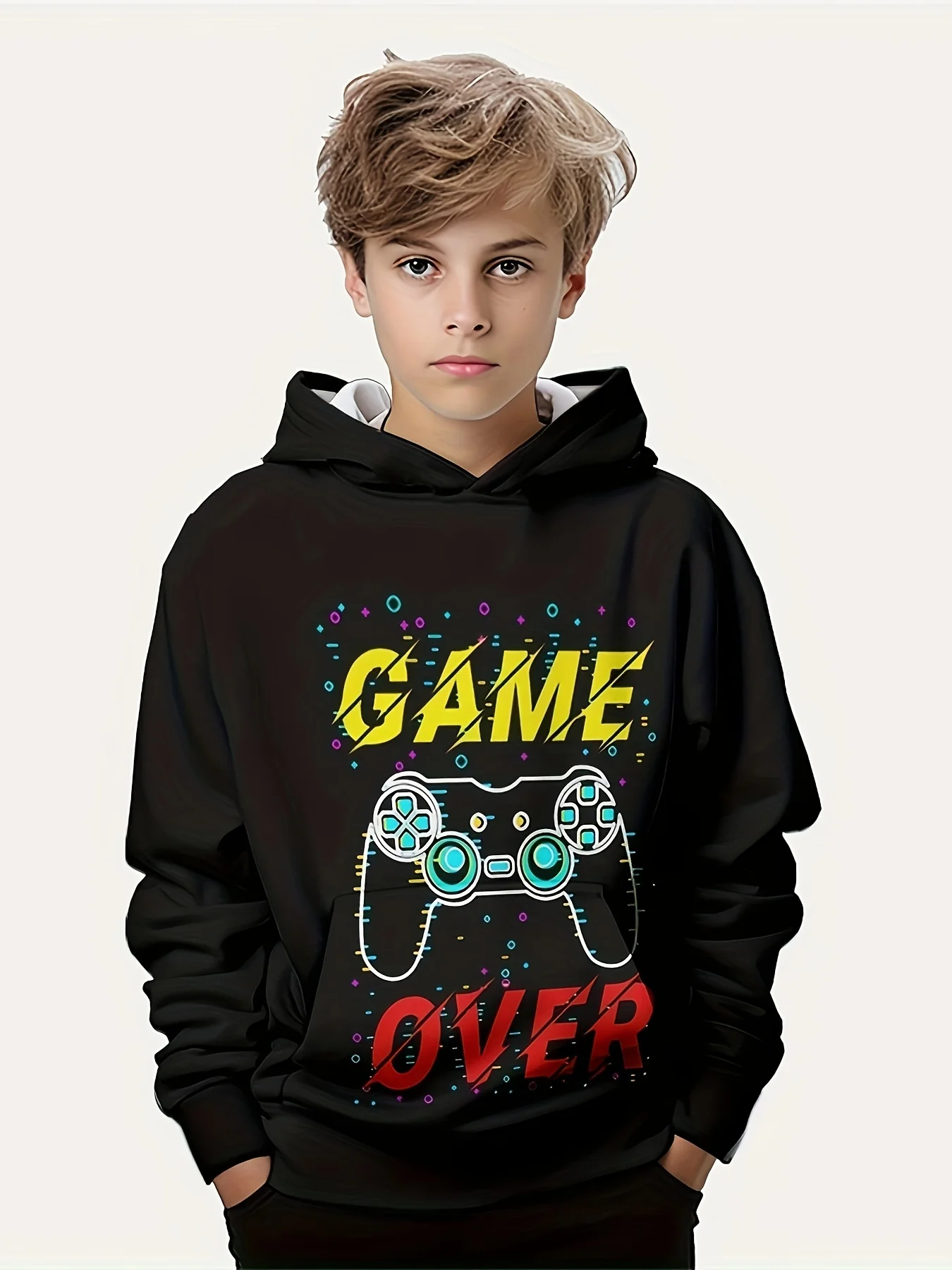 _game Over_ Pattern Hoodie For Kids, Casual Hooded Long Sleeve Top, Boy's Novelty Clothes For Spring Fall Winter, As Gift
_game Over_ Pattern Hoodie For Kids, Casual Hooded Long Sleeve Top, Boy's Novelty Clothes For Spring Fall Winter, As Gift