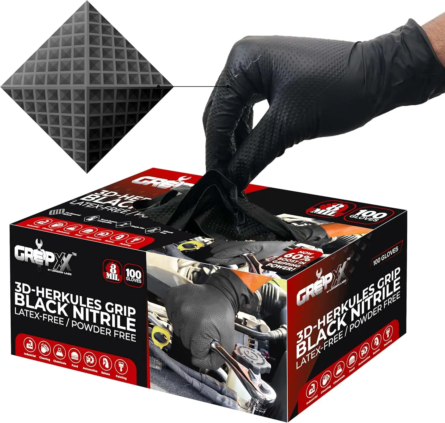 Heavy Duty 8Mil Black Nitrile Gloves, 3D Raised Diamond Texture, Latex & Powder-Free, Industrial Mechanic
Heavy Duty 8Mil Black Nitrile Gloves, 3D Raised Diamond Texture, Latex & Powder-Free, Industrial Mechanic