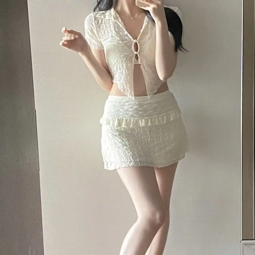 Modest Yet Short Sleeve Three-pieces Swimsuit Solid Push Up Cover-Ups High Waist Ruffle Bikini Set Vacation
Modest Yet Short Sleeve Three-pieces Swimsuit Solid Push Up Cover-Ups High Waist Ruffle Bikini Set Vacation