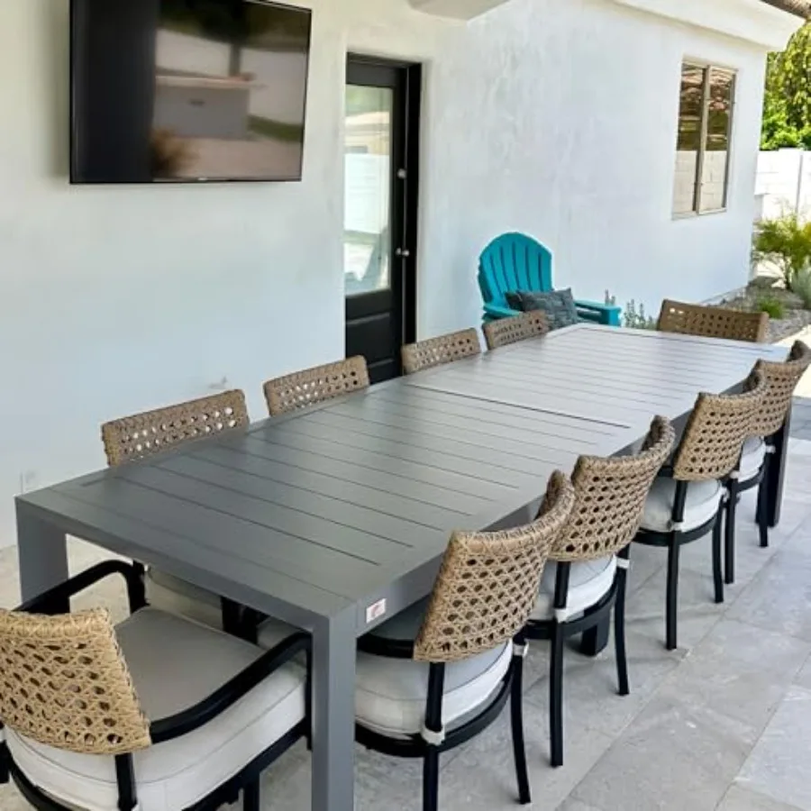 Outdoor dining table for backyard, garden, lawn, porch, deck: 121 x 37 slatted aluminum tabletop, gray, weather-resistant, seat
Outdoor dining table for backyard, garden, lawn, porch, deck: 121 x 37 slatted aluminum tabletop, gray, weather-resistant, seat