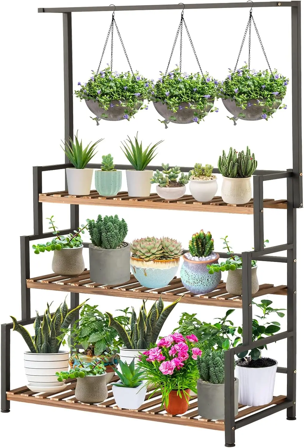 3-Tier Plant Stand with Hanging Bar for Indoor Outdoor Patio, Carbonized Pine Wood and Metal Frame
3-Tier Plant Stand with Hanging Bar for Indoor Outdoor Patio, Carbonized Pine Wood and Metal Frame