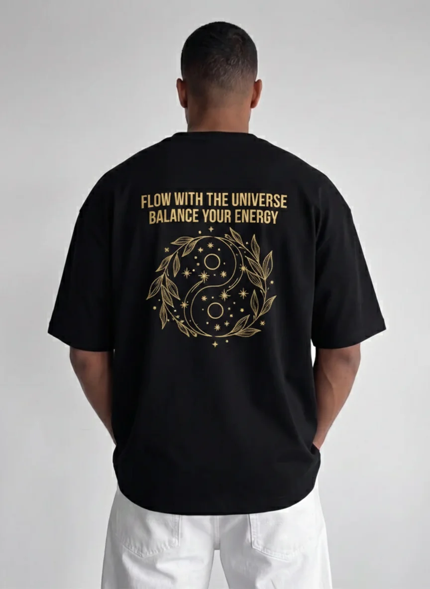 Black Graphic Tee with Gold Yin Yang and Laurel Leaves, Celestial Stars Back Print, Inspirational Mantra Flow with the Universe
Black Graphic Tee with Gold Yin Yang and Laurel Leaves, Celestial Stars Back Print, Inspirational Mantra Flow with the Universe