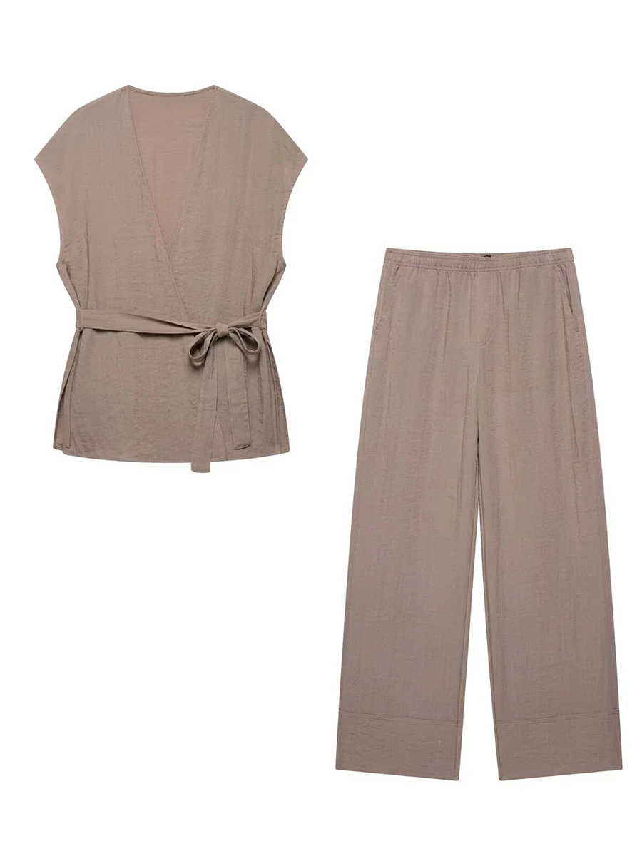 Summer New Solid Thin 2 Piece Set Women V Neck Sleeveless Lace-up Kimono Top Simple Fashion Loose Casual Wide Leg Trouser Suits
Summer New Solid Thin 2 Piece Set Women V Neck Sleeveless Lace-up Kimono Top Simple Fashion Loose Casual Wide Leg Trouser Suits