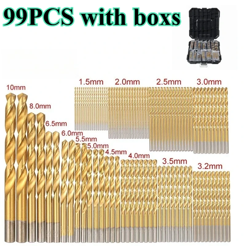 99pcs High Speed Steel Titanium Coated Twist Drill Set 1/4"-1/16" Drill Bits Drilling Hole Tools Anti-rust Wear Protection
99pcs High Speed Steel Titanium Coated Twist Drill Set 1/4"-1/16" Drill Bits Drilling Hole Tools Anti-rust Wear Protection