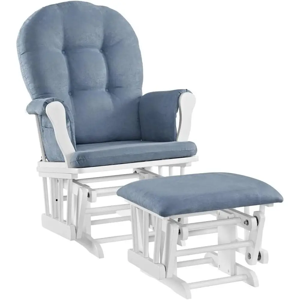 White and Blue Padded Arm Glider and Ottoman Set with Storage and Metal Bearings
White and Blue Padded Arm Glider and Ottoman Set with Storage and Metal Bearings