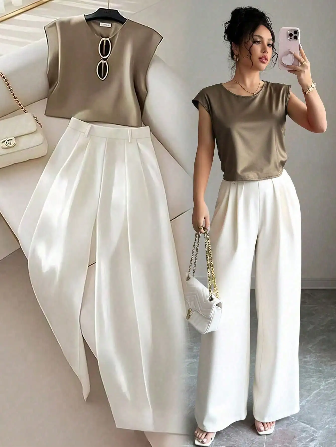 Женский комплект из 2 предметов: атласный топ с круглым вырезом и короткими рукавами и плиссированные брюки с широкими штанинами
Женский комплект из 2 предметов: атласный топ с круглым вырезом и короткими рукавами и плиссированные брюки с широкими штанинами