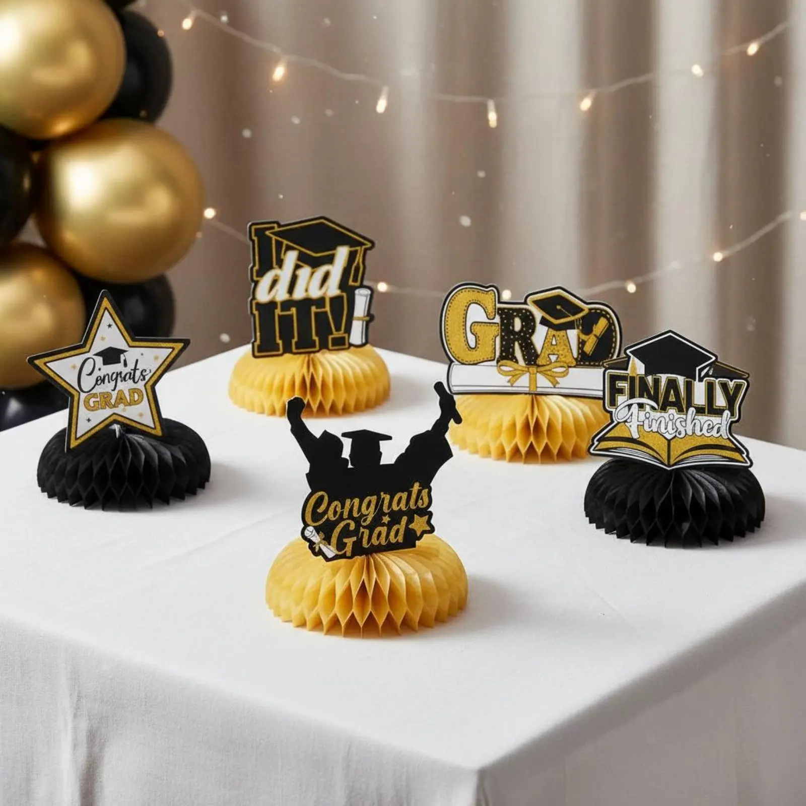 9 Pieces Commencement Hexagonal Centerpiece Gold and Black Theme Commencement Party Table Decoration Easy to Assemble
9 Pieces Commencement Hexagonal Centerpiece Gold and Black Theme Commencement Party Table Decoration Easy to Assemble