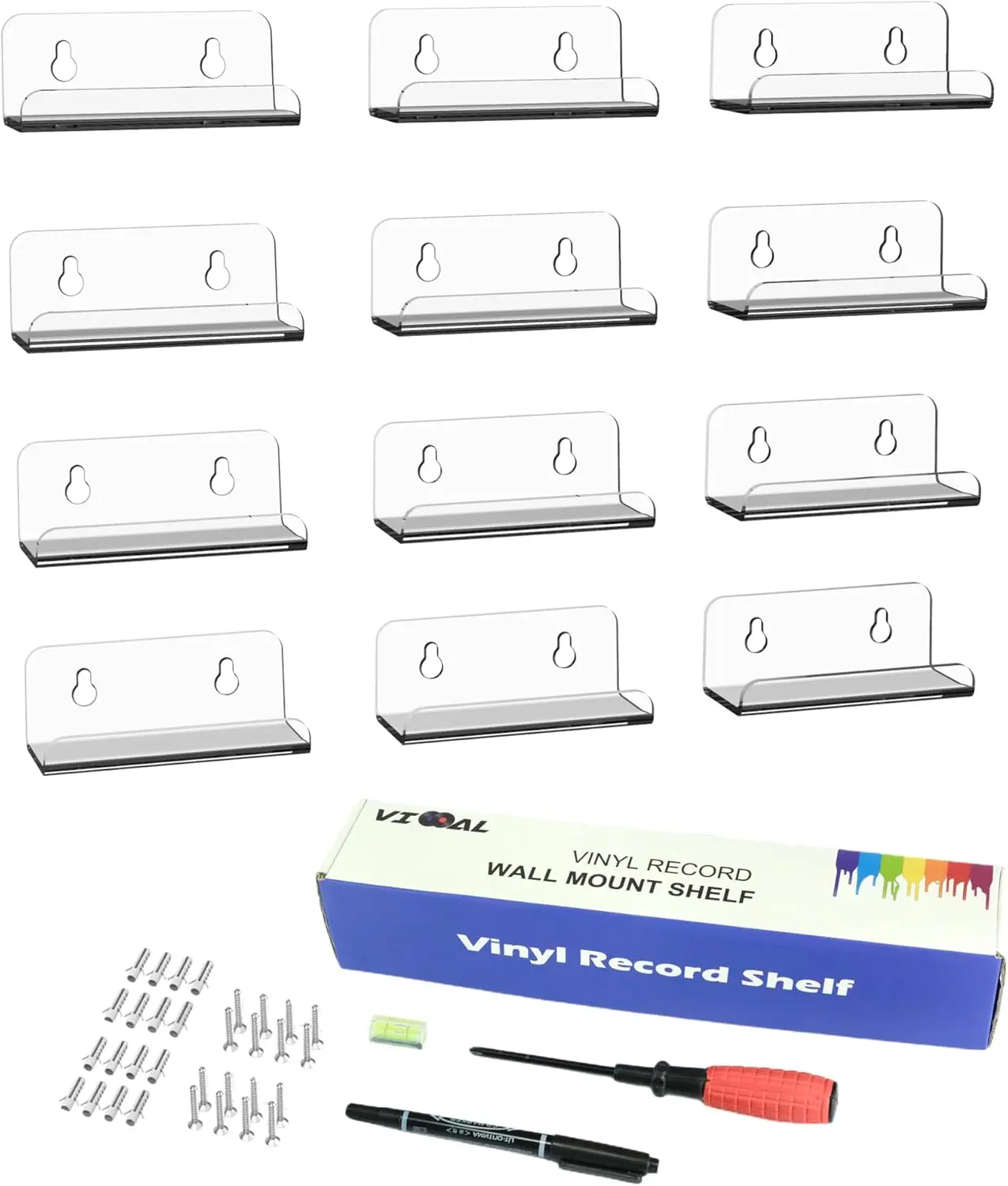 12 Pack Clear Vinyl Record Shelf Wall Mount for Display and Storage, Ideal for Home or Office
12 Pack Clear Vinyl Record Shelf Wall Mount for Display and Storage, Ideal for Home or Office