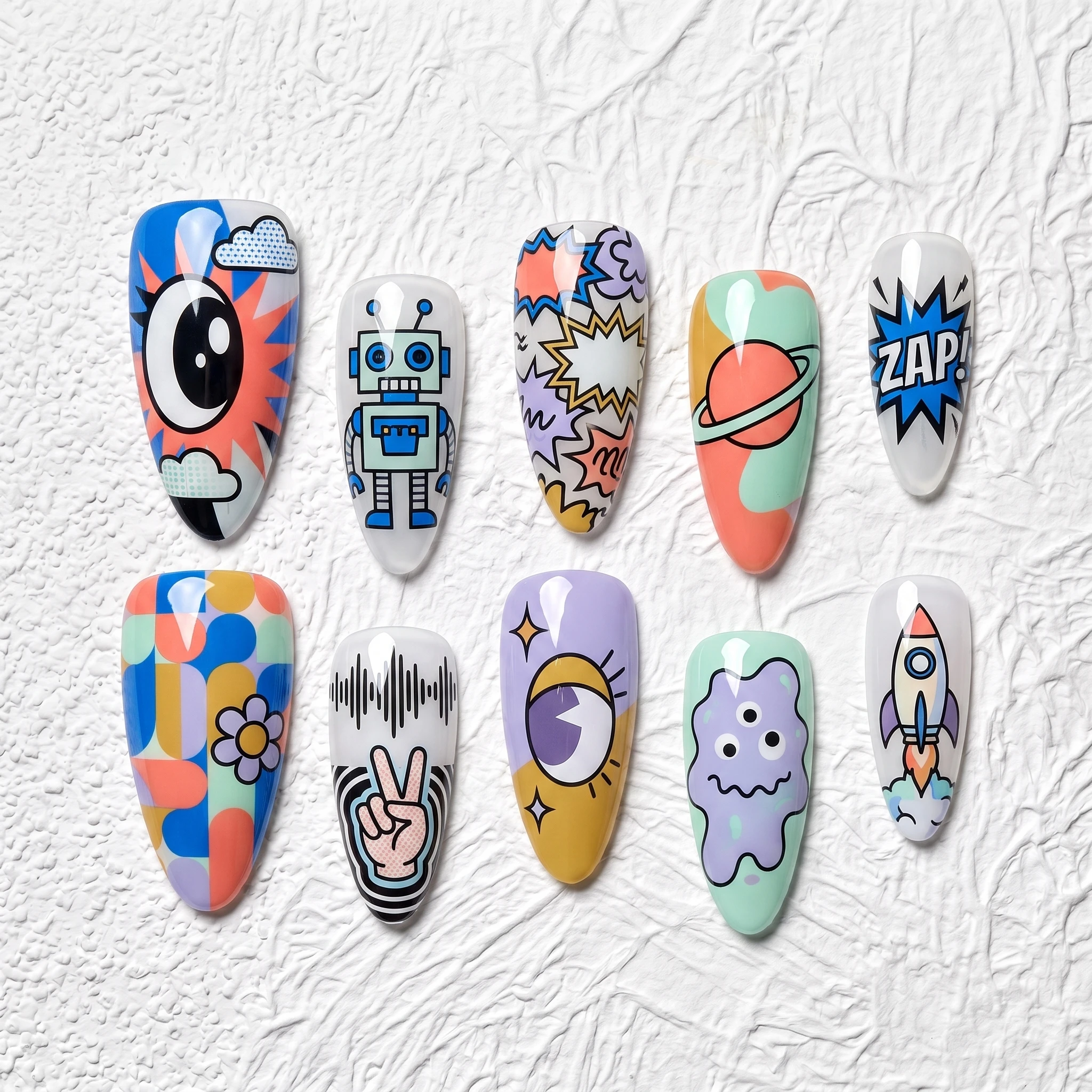 Artisan Handcrafted 10PCS Playful Pop Art Almond Press-On Nails | Robot, Rocket, Planet & Eye Designs, 3D Outlines, Party & Dail
Artisan Handcrafted 10PCS Playful Pop Art Almond Press-On Nails | Robot, Rocket, Planet & Eye Designs, 3D Outlines, Party & Dail