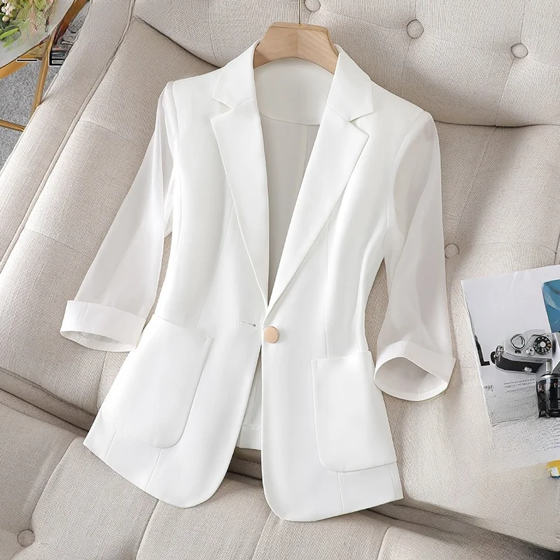 White Casual Lightweight Summer Suit Jacket for Women Seven Sleeve Business Commute Style Pure Color Short Size Sensation
White Casual Lightweight Summer Suit Jacket for Women Seven Sleeve Business Commute Style Pure Color Short Size Sensation