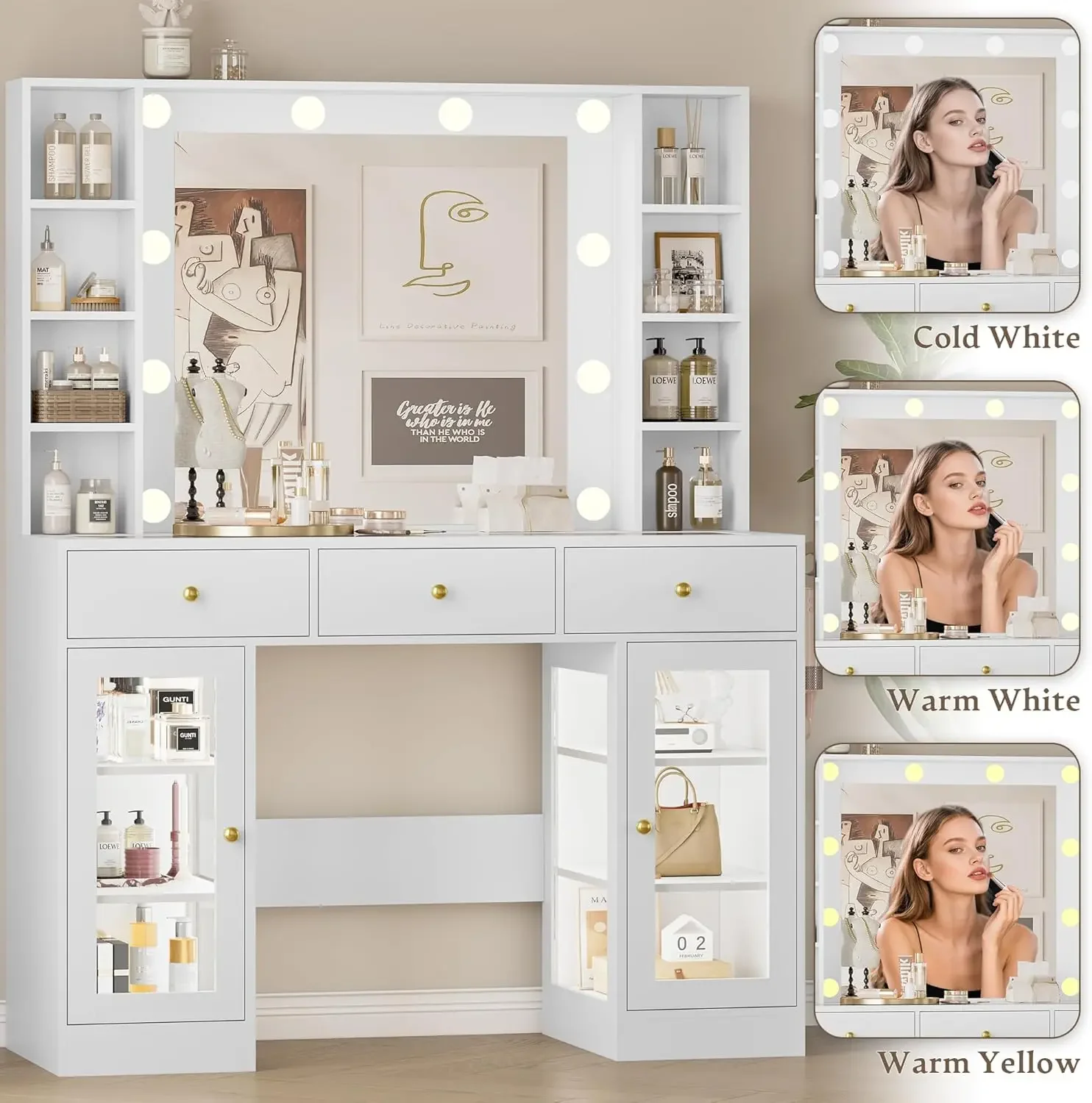 Makeup Vanity Desk with Mirror and Lights, LED Lights & Power Outlet, 2 RGB Glass Cabinets, Adjustable Lighted Dressing Table
Makeup Vanity Desk with Mirror and Lights, LED Lights & Power Outlet, 2 RGB Glass Cabinets, Adjustable Lighted Dressing Table