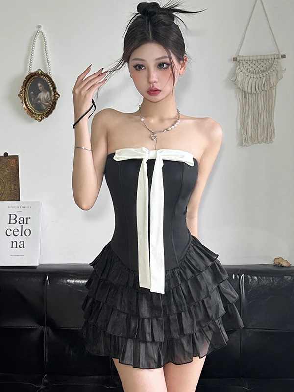 Slimming Short Cake Skirt with Bow Knot Color Block Bustier Waist Cinching Pure Desire Girl Style Polyester Spandex Blend Dress
Slimming Short Cake Skirt with Bow Knot Color Block Bustier Waist Cinching Pure Desire Girl Style Polyester Spandex Blend Dress