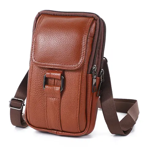 Portable Men Messenger Bags Cowhide Leather Cell Phone Belt Pack Fashion Simple Multi-pockets Casual for Outdoor Sport