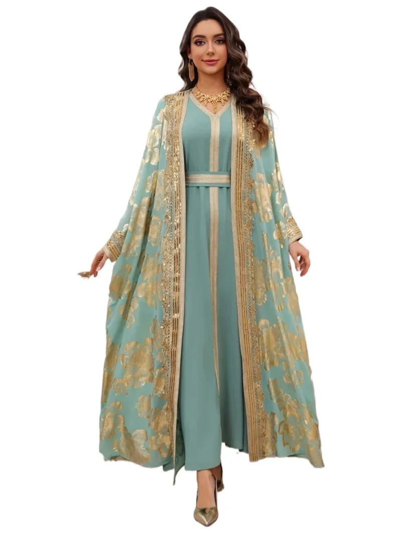 Luxury Gold Stamping Women Abayas Belt included Two-Piece Set Muslim Elegant Women Evening Dress
Luxury Gold Stamping Women Abayas Belt included Two-Piece Set Muslim Elegant Women Evening Dress