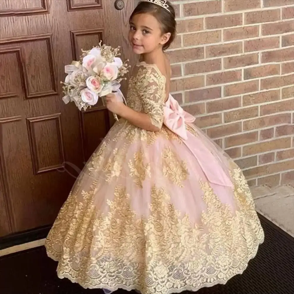 Gorgeous Pink Flower Girl Dresses Bow Long Tulle Gold Appliques Princess Wedding Birthday Party Dress Child Pageant Ball Gowns
Gorgeous Pink Flower Girl Dresses Bow Long Tulle Gold Appliques Princess Wedding Birthday Party Dress Child Pageant Ball Gowns