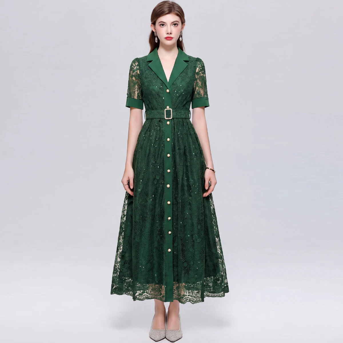 Luxury Sequin Lace Formal Dress Women Short Sleeve Notched Collar Buttons Front Slim Fit Cinch Waist Party Long Vestidos
Luxury Sequin Lace Formal Dress Women Short Sleeve Notched Collar Buttons Front Slim Fit Cinch Waist Party Long Vestidos