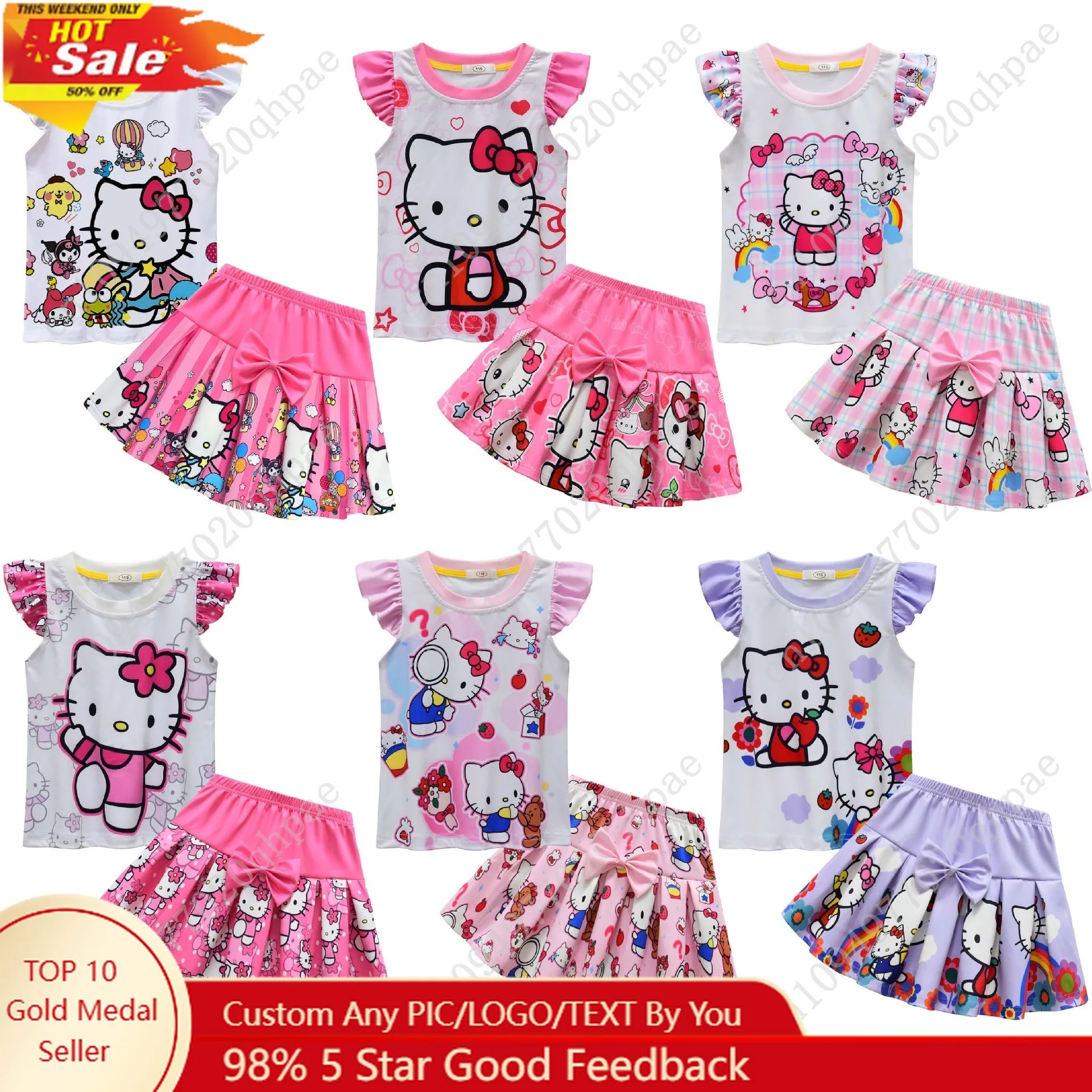 Hello Kitty Ruffled Sleeve Girl Cute T-shirt and Skirt with Bow Tie Set Summer Two-piece Set for Daily Travel Party
Hello Kitty Ruffled Sleeve Girl Cute T-shirt and Skirt with Bow Tie Set Summer Two-piece Set for Daily Travel Party