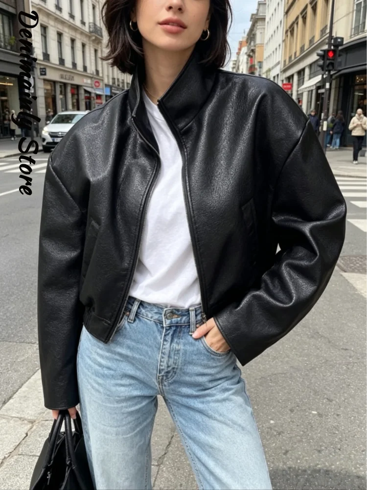 Fashion Women's Black Leather Jacket Loose Lapel Zipper Long Sleeved Short Jackets 2026 Autumn Lady Street All-match Wear
Fashion Women's Black Leather Jacket Loose Lapel Zipper Long Sleeved Short Jackets 2026 Autumn Lady Street All-match Wear
