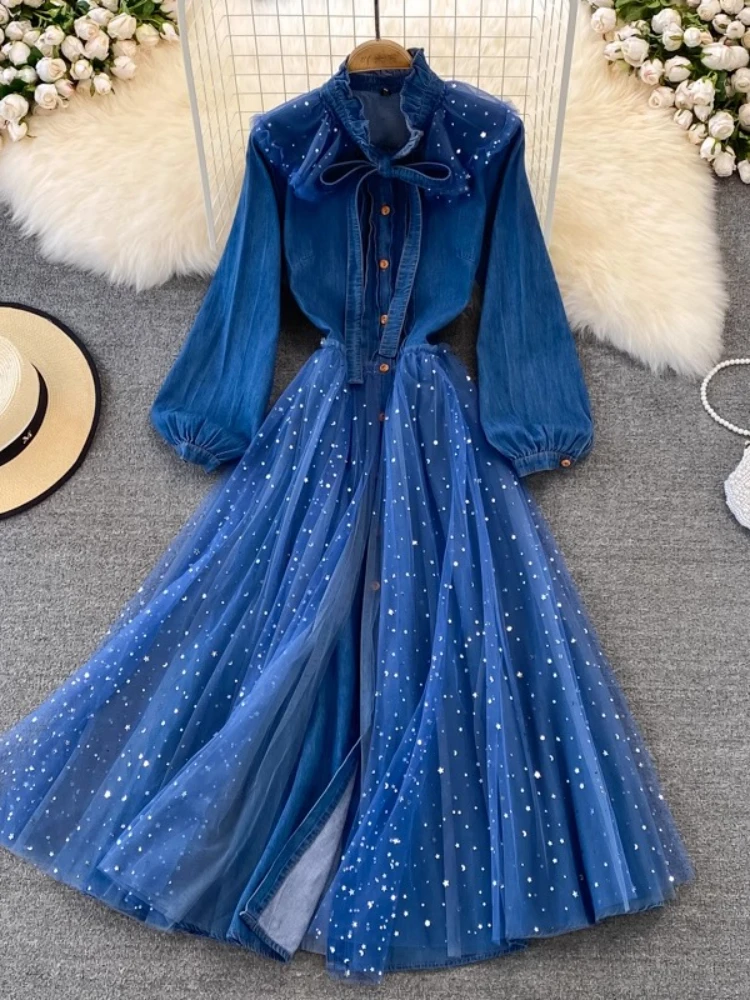 French Elegant Denim Dresses Solid Color Gauze Patchwork Stand Neck Lantern Sleeve Dress Spring Autumn 2025 New Women's Clothing 
French Elegant Denim Dresses Solid Color Gauze Patchwork Stand Neck Lantern Sleeve Dress Spring Autumn 2025 New Women's Clothing