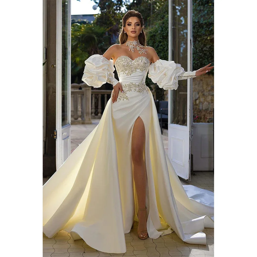 Ivory Satin Mermaid Bridal Dresses Removable Bubble Sleeve Decal Mermaid Dress Side High Split Princess Wedding Gowns Gorgeous
Ivory Satin Mermaid Bridal Dresses Removable Bubble Sleeve Decal Mermaid Dress Side High Split Princess Wedding Gowns Gorgeous
