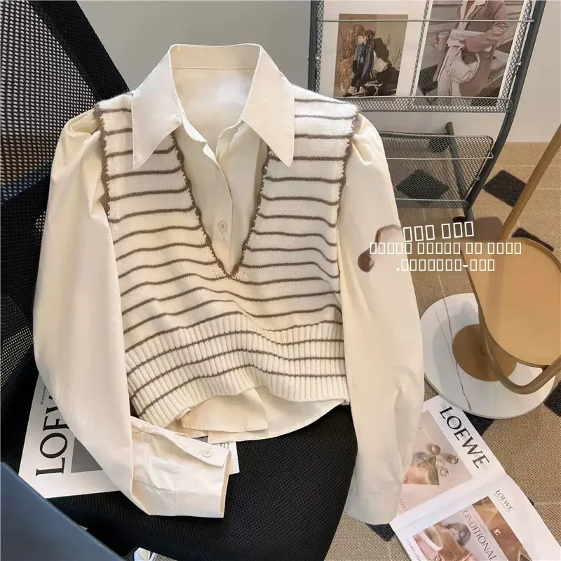 Hong Kong Sle Women's Knitted Vest Set with Collar irt Inner Wear Long Sve Striped Outerwear Faion Korean Trend
Hong Kong Sle Women's Knitted Vest Set with Collar irt Inner Wear Long Sve Striped Outerwear Faion Korean Trend