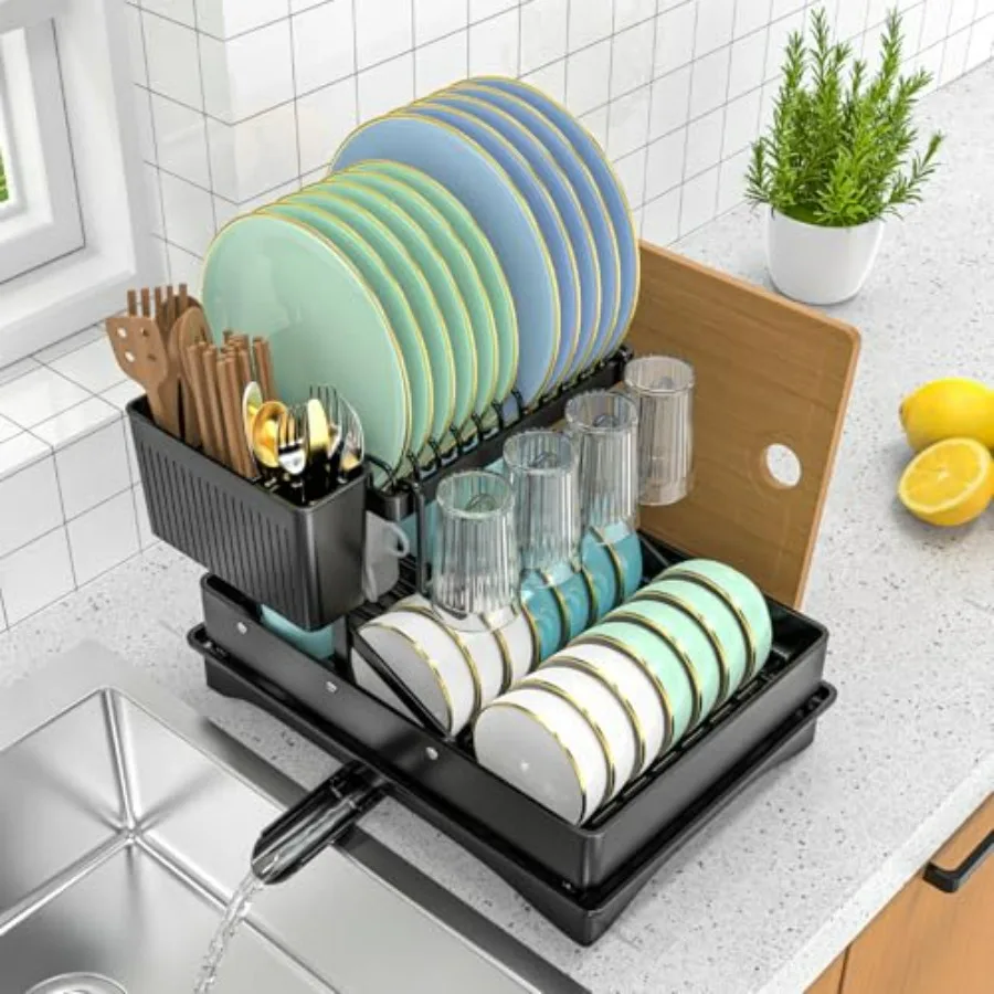 2-Tier Black Metal Dish Drying Rack for Kitchen Counter with Anti-Rust Lock Lift System and Retractable Auto-Drain Spout Includ
2-Tier Black Metal Dish Drying Rack for Kitchen Counter with Anti-Rust Lock Lift System and Retractable Auto-Drain Spout Includ