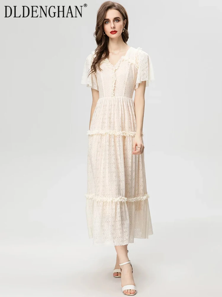 DLDENGHAN Spring Summer Dress Women V-Neck Butterfly Sleeve Ruffle Hollow Out Vintage Party Long Dresses Fashion Designer New
DLDENGHAN Spring Summer Dress Women V-Neck Butterfly Sleeve Ruffle Hollow Out Vintage Party Long Dresses Fashion Designer New