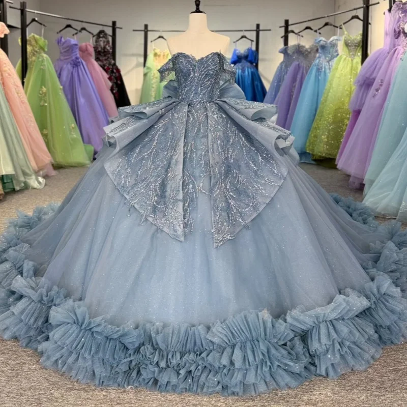 Blue Shiny Princess Quinceanera Dresses Off Shoulder Applique Beads Tiered Tull Sweet 16 Dress Ball Gown Vestidos 15 Anos
Blue Shiny Princess Quinceanera Dresses Off Shoulder Applique Beads Tiered Tull Sweet 16 Dress Ball Gown Vestidos 15 Anos
