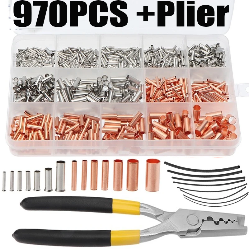 970pcs Copper Connecting Pipe Wire Joint Small Copper Tube Terminal Cable Lug Bootlace Ferrule Kit with Crimping Plier
970pcs Copper Connecting Pipe Wire Joint Small Copper Tube Terminal Cable Lug Bootlace Ferrule Kit with Crimping Plier