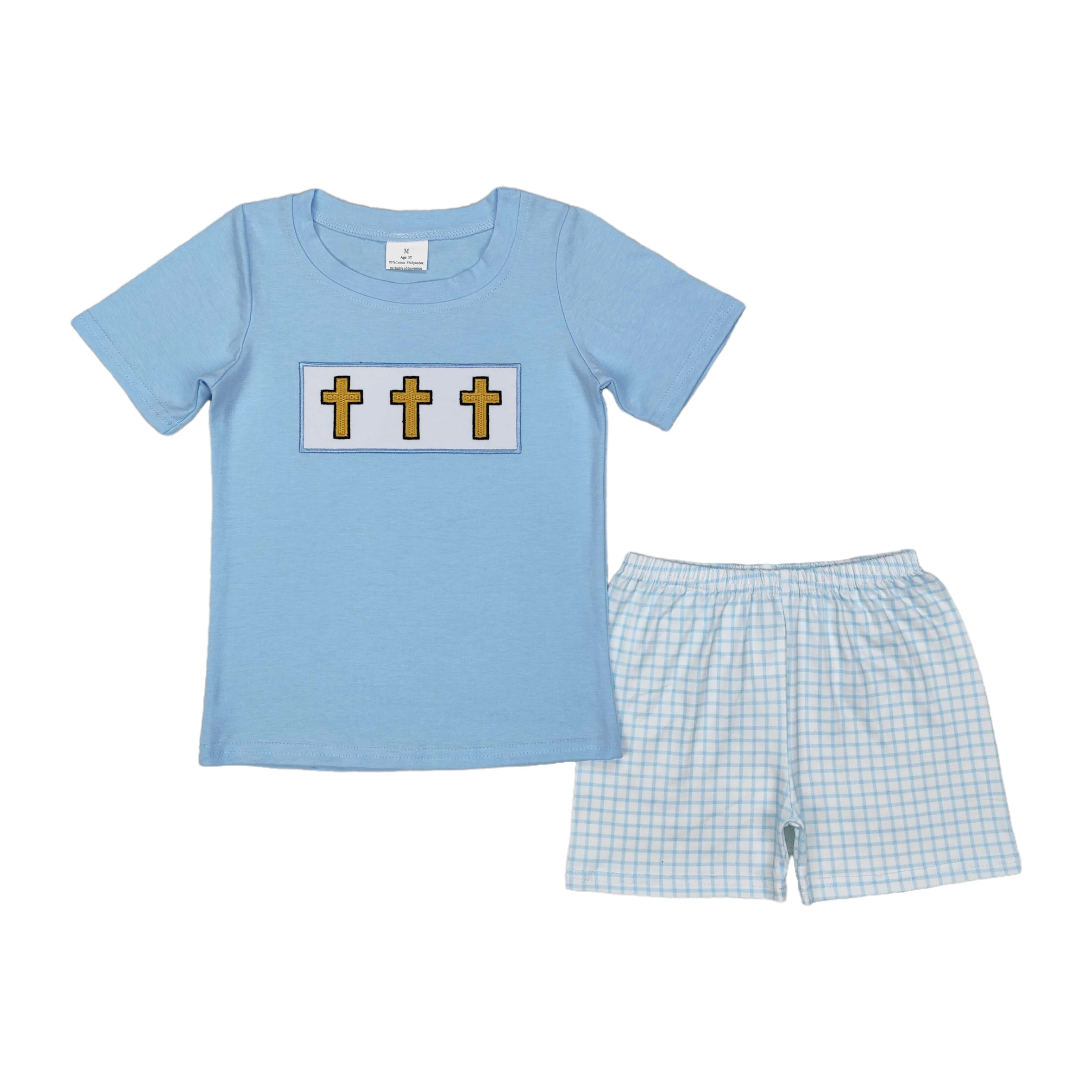 Wholesale Kids Summer Clothes Toddler Embroidery Baby Boys Blue Easter Cross Shirts Checkered Shorts Sets Children Outfit
Wholesale Kids Summer Clothes Toddler Embroidery Baby Boys Blue Easter Cross Shirts Checkered Shorts Sets Children Outfit