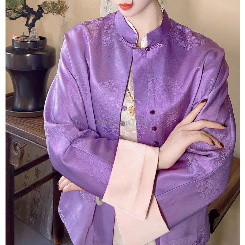 Spring Summer chinese style women purple color tang suit shirt stand collar loose casual top elegant lace jacquard coat
Spring Summer chinese style women purple color tang suit shirt stand collar loose casual top elegant lace jacquard coat