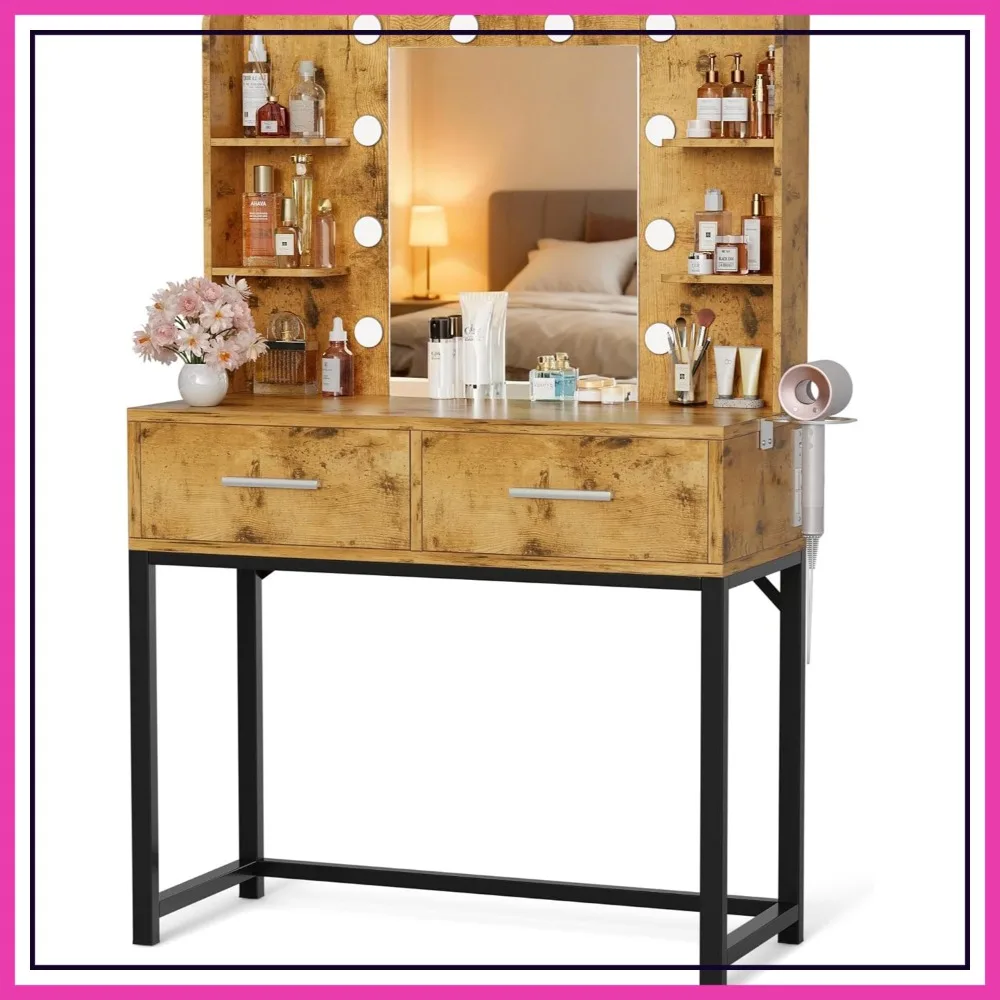 Vanity Desk with Mirror, Makeup Table with 2 Drawers, Power Outlet, Round Holder, 3 Color Modes Bulb, Rustic Brown & Black
Vanity Desk with Mirror, Makeup Table with 2 Drawers, Power Outlet, Round Holder, 3 Color Modes Bulb, Rustic Brown & Black