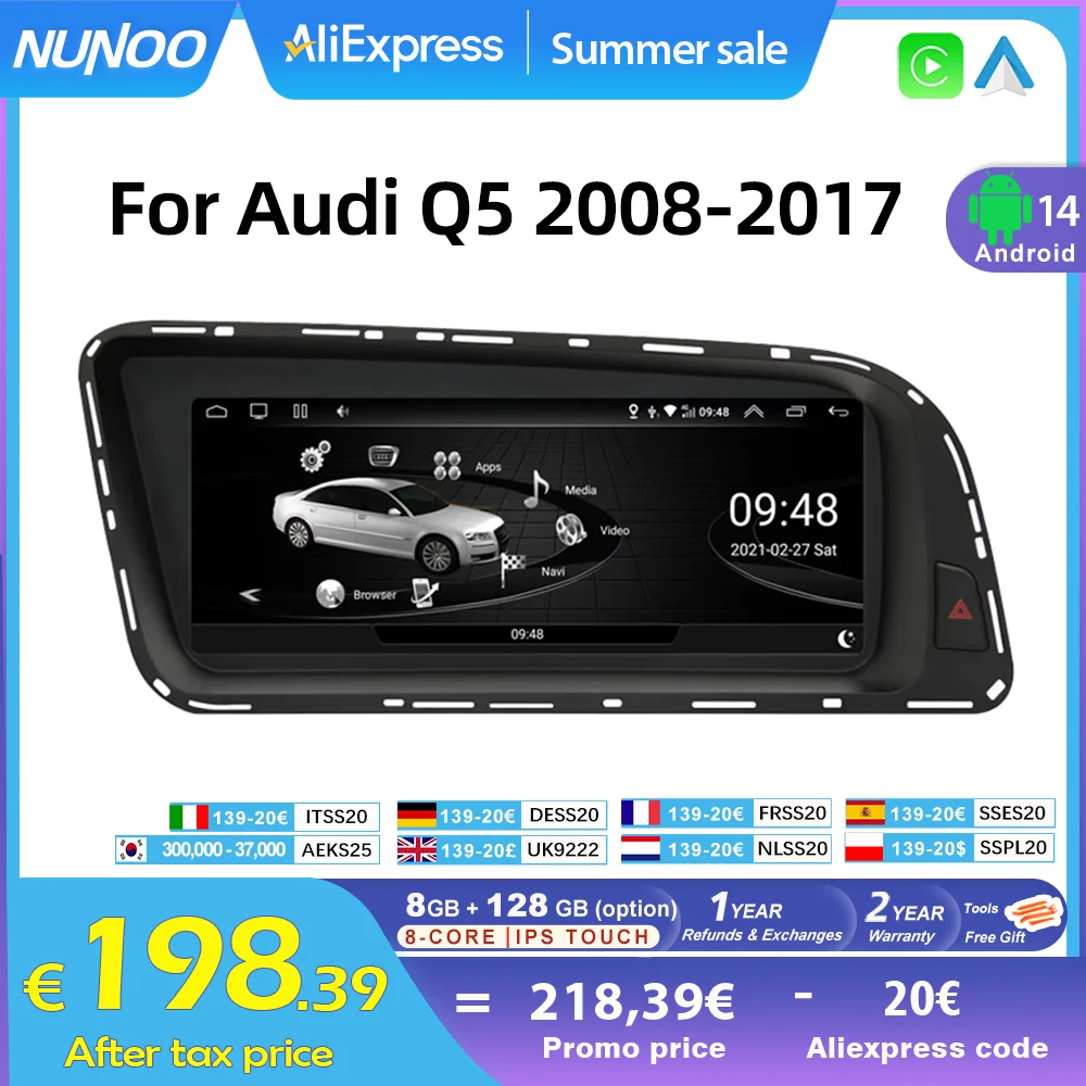 Android 14 CarPlay автомобильный радиоприемник мультимедийный плеер для Audi Q5 2008-2017 MMI 2G 3G IPS сенсорный экран Navi GPS 4G WiFi
Android 14 CarPlay автомобильный радиоприемник мультимедийный плеер для Audi Q5 2008-2017 MMI 2G 3G IPS сенсорный экран Navi GPS 4G WiFi