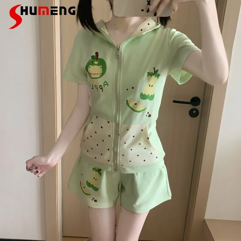 Summer New Cute Green Element Cat Ear Hooded Short Sleeves Coat With Shorts Two Piece Set Kawaii Style Daily Casual Wear Ladies
Summer New Cute Green Element Cat Ear Hooded Short Sleeves Coat With Shorts Two Piece Set Kawaii Style Daily Casual Wear Ladies
