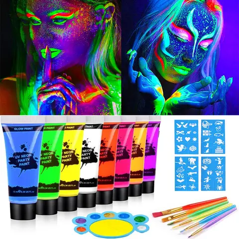 Pintura corporal de neón UV que brilla en la oscuridad, juego de maquillaje, pintura fluorescente para adultos, niños, festivales, fiesta, Halloween, Navidad