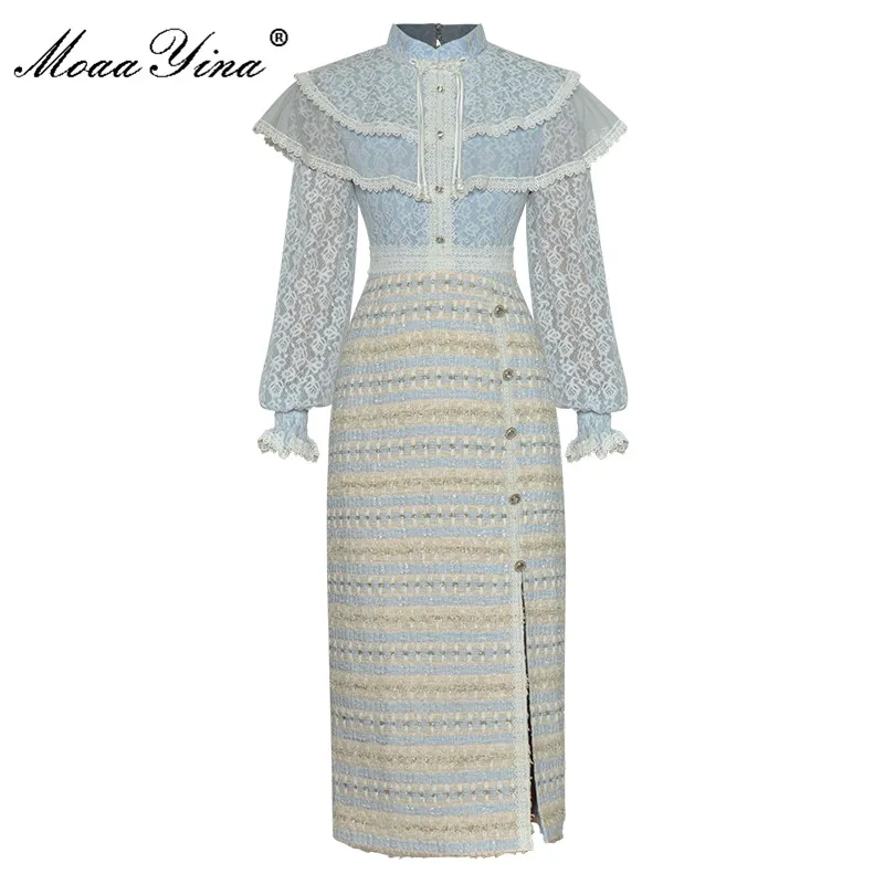 MoaaYina Fashion Runway Spring Dress Women Lace Lantern Sleeve Patchwork High waist Blue Slim Midi Pencil Dresses
MoaaYina Fashion Runway Spring Dress Women Lace Lantern Sleeve Patchwork High waist Blue Slim Midi Pencil Dresses