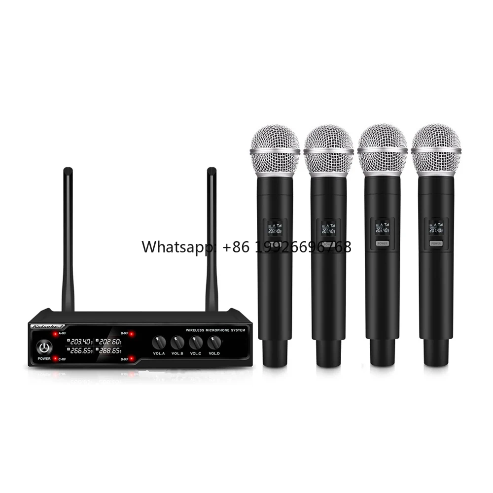 Professional 4-Channel Karaoke Wireless Microphone VHF Dynamic Microphone Cardioid Polar Handheld Design Made Metal Plastic 
Professional 4-Channel Karaoke Wireless Microphone VHF Dynamic Microphone Cardioid Polar Handheld Design Made Metal Plastic