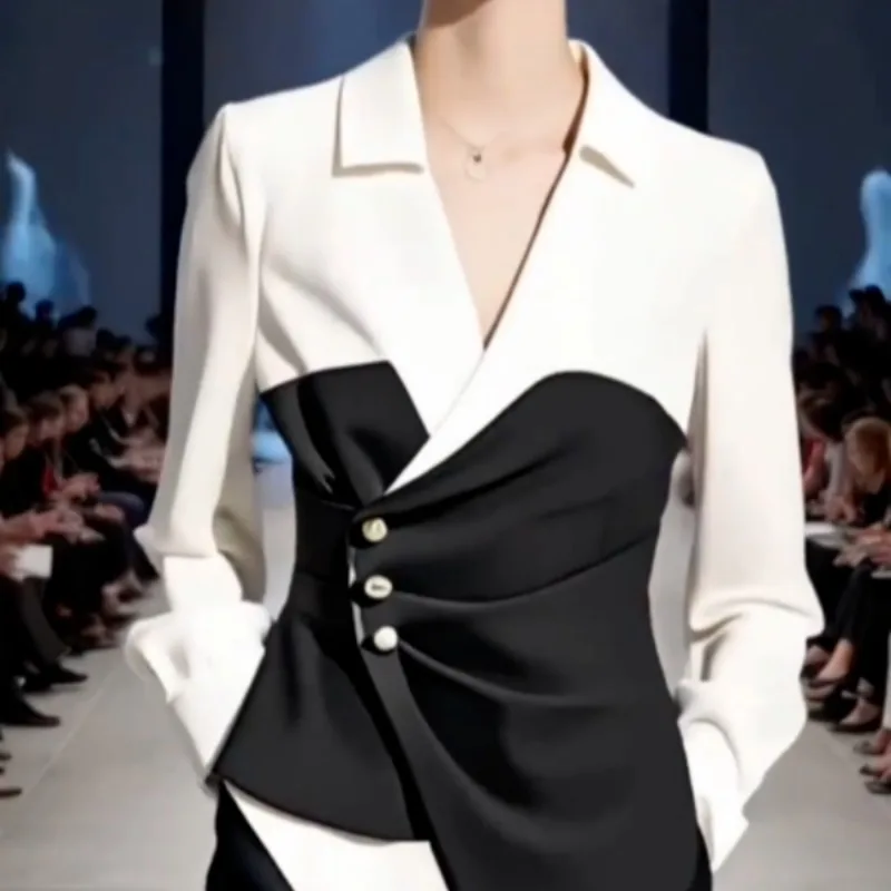Fake Two Piece Spliced Vest Shirt Turn-down Collar V-neck Button Up Jackets Temperament Office Lady Color Matching Shirt Korean
Fake Two Piece Spliced Vest Shirt Turn-down Collar V-neck Button Up Jackets Temperament Office Lady Color Matching Shirt Korean