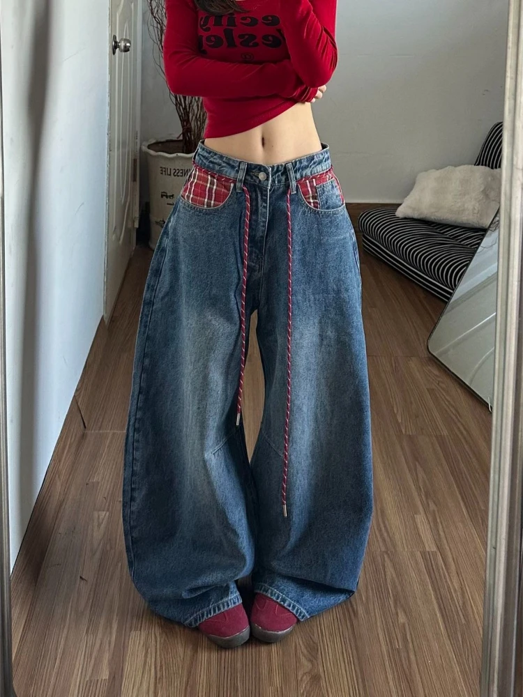 Women's Plaid Patchwork Curved Hem Jeans Low Waist Wide Leg Denim Trousers Spring Casual Loose Fit Streetwear
Women's Plaid Patchwork Curved Hem Jeans Low Waist Wide Leg Denim Trousers Spring Casual Loose Fit Streetwear