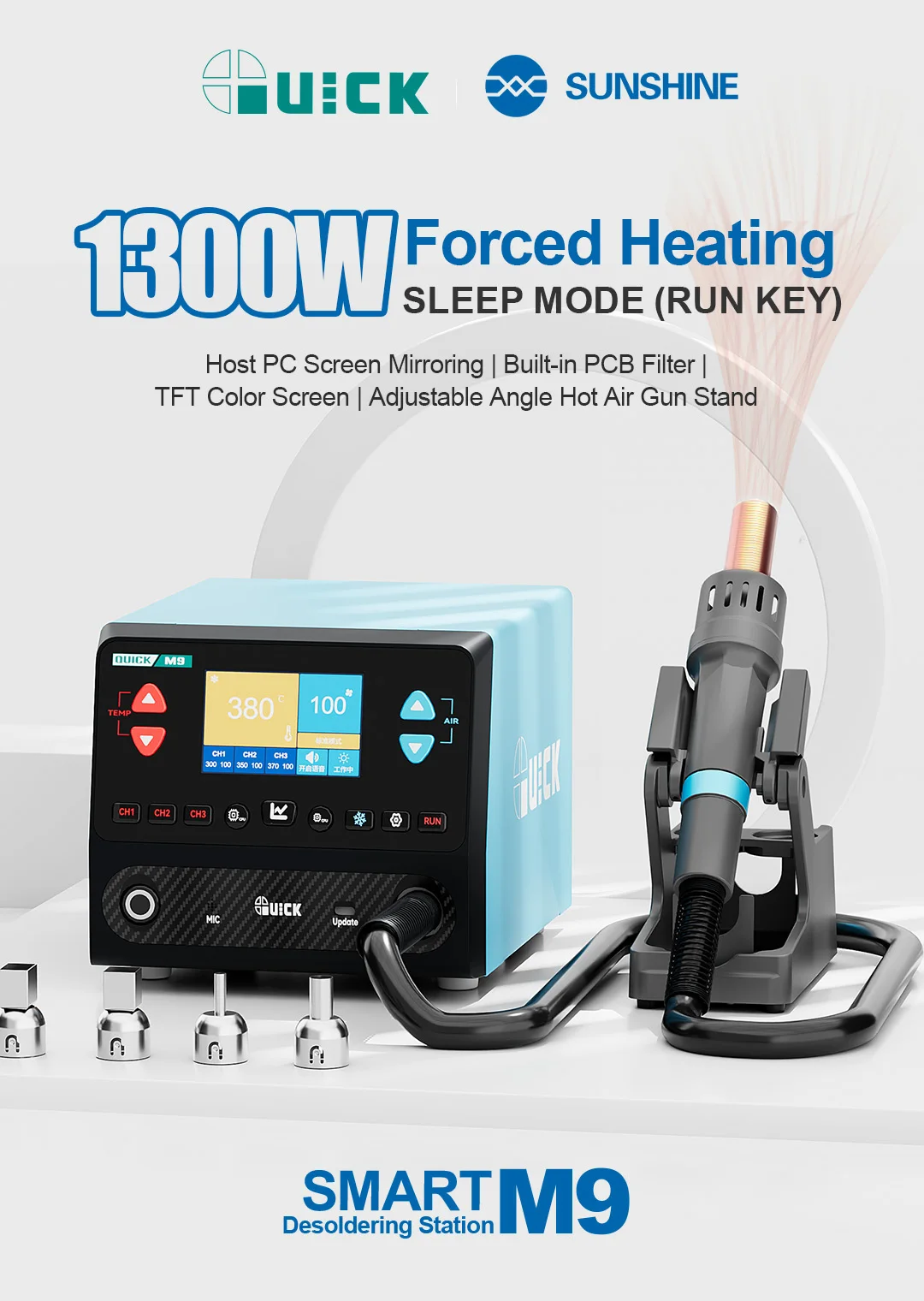 Quick M9 1300W Intelligent Hot Air Desoldering Station PC Screen Projection,HD Display with AI Voice Control & 9-Channel Modes
Quick M9 1300W Intelligent Hot Air Desoldering Station PC Screen Projection,HD Display with AI Voice Control & 9-Channel Modes