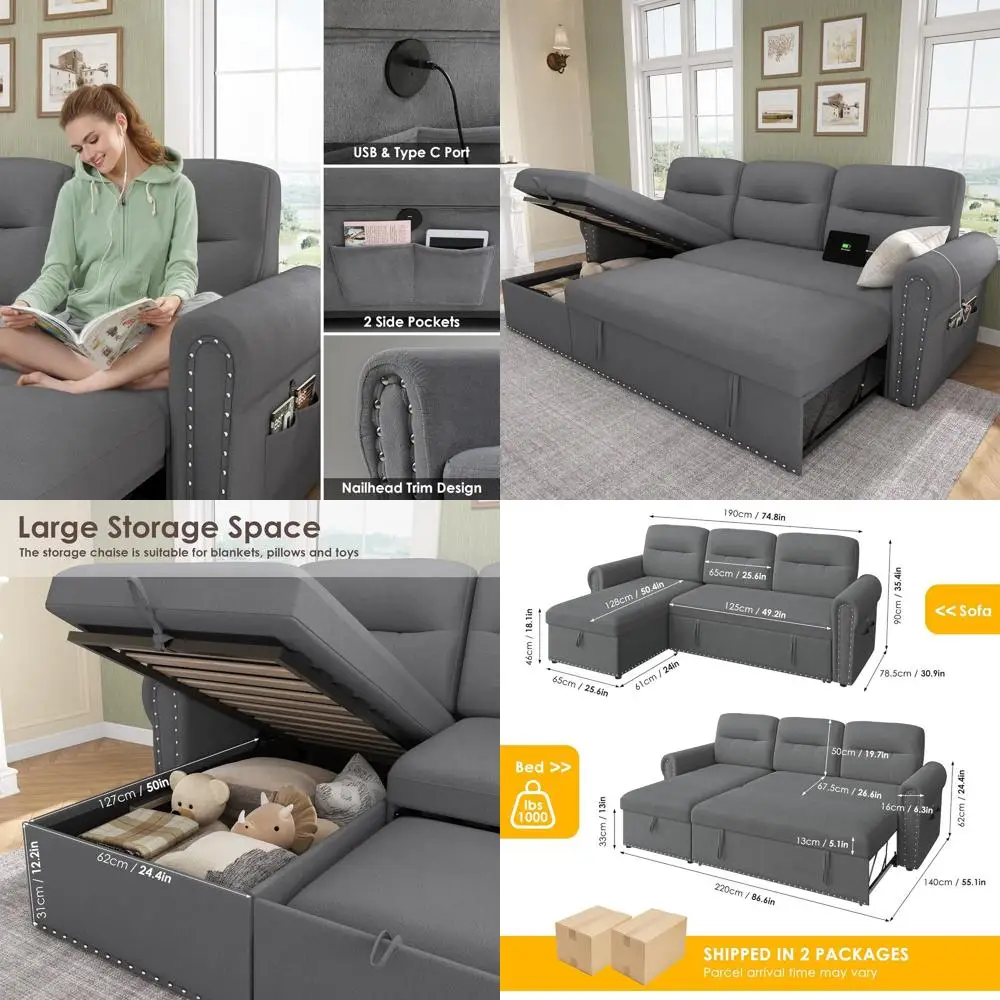 87 Grey Velvet Sectional Sofa with Reversible Chaise, Storage, Pull-Out Beds, Side Table & Charging Station
87 Grey Velvet Sectional Sofa with Reversible Chaise, Storage, Pull-Out Beds, Side Table & Charging Station