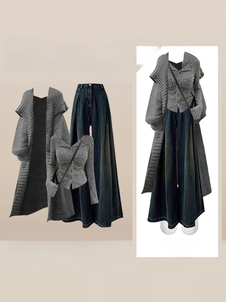 Gray Sweater Jacket Set Women's Korean Style Cold Tone Three-Piece Outfit High Waist Jeans Long Sleeve V-Neck Autumn Winter F...
Gray Sweater Jacket Set Women's Korean Style Cold Tone Three-Piece Outfit High Waist Jeans Long Sleeve V-Neck Autumn Winter F...