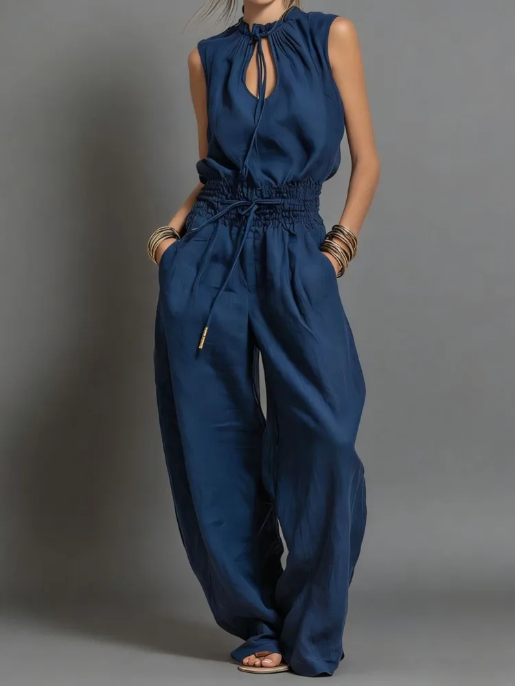 2026 Summer Casual Commuting Women's Jumpsuit Fashionable Solid Color Sleeveless Elastic Waistband Drawstring Wide Leg Jumpsuit
2026 Summer Casual Commuting Women's Jumpsuit Fashionable Solid Color Sleeveless Elastic Waistband Drawstring Wide Leg Jumpsuit