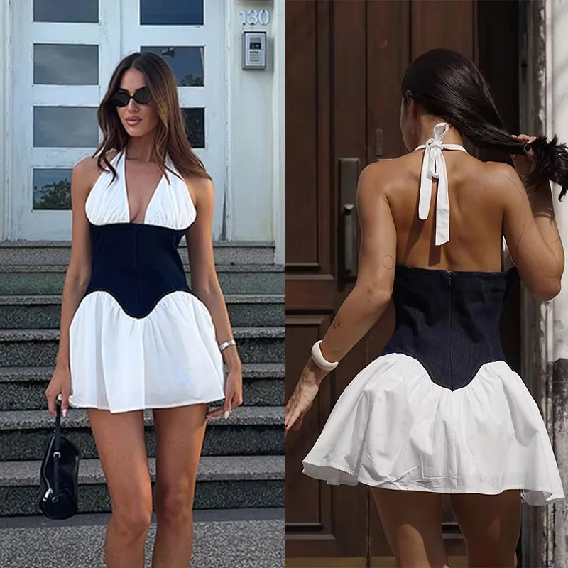 2025 Summer Women Denim Patchwork Contrast Color Mini Dress Halter Backless Sexy High Waist Street Fashion Vacation Robe Dresses
2025 Summer Women Denim Patchwork Contrast Color Mini Dress Halter Backless Sexy High Waist Street Fashion Vacation Robe Dresses