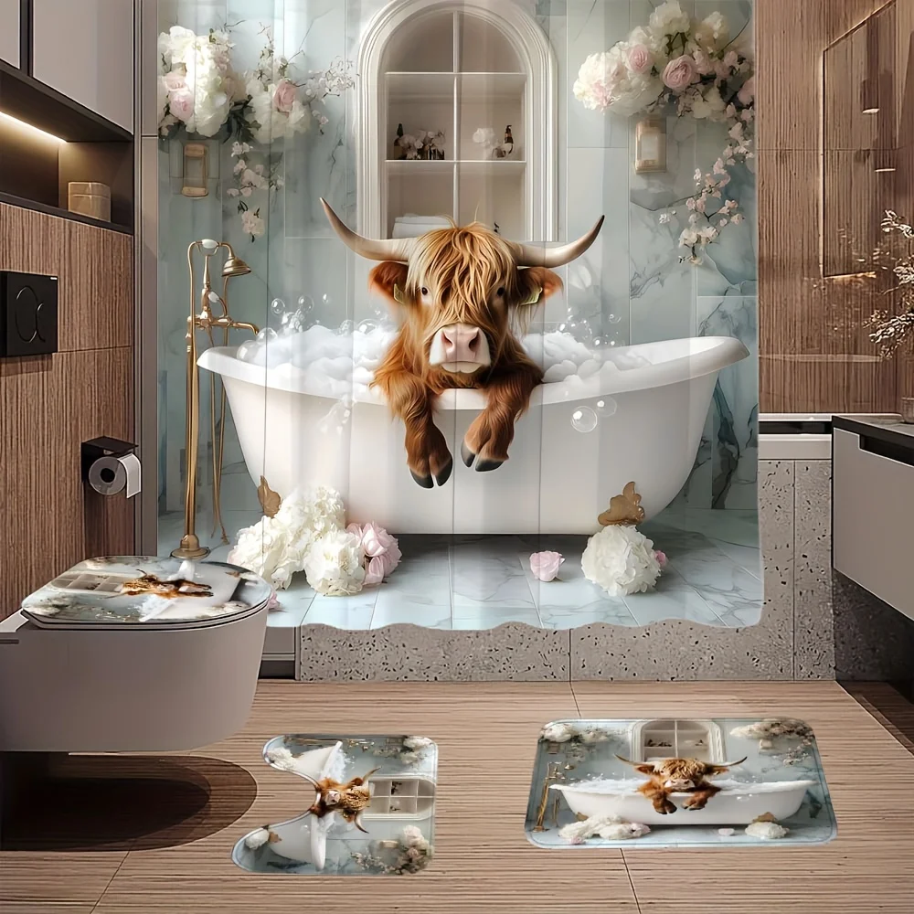 Bathtub Calf Pattern Shower Curtain Set 4pcs with 12 Hooks Non Slip Floor Mat Toilet U Shaped Pad Lid Pad Room Bathroom Decor
Bathtub Calf Pattern Shower Curtain Set 4pcs with 12 Hooks Non Slip Floor Mat Toilet U Shaped Pad Lid Pad Room Bathroom Decor