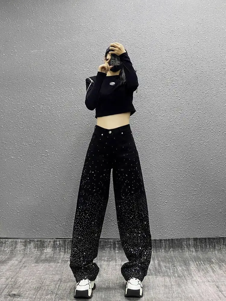 2025 Spring New! Women's Cool Rhinestone Black Jeans High Waisted Loose Slimming Versatile Straight Wide Leg Floor Length Pants
2025 Spring New! Women's Cool Rhinestone Black Jeans High Waisted Loose Slimming Versatile Straight Wide Leg Floor Length Pants